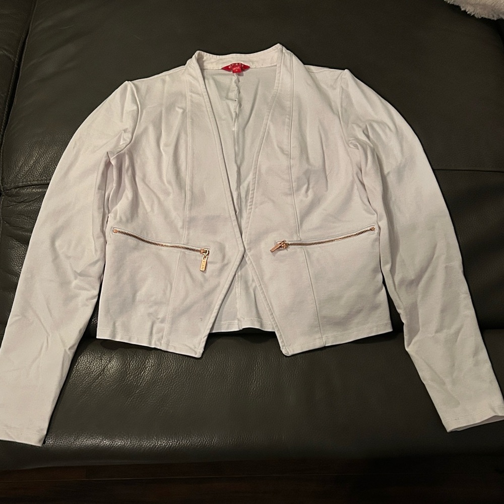 Guess White Blazer with Gold Zipper Accents